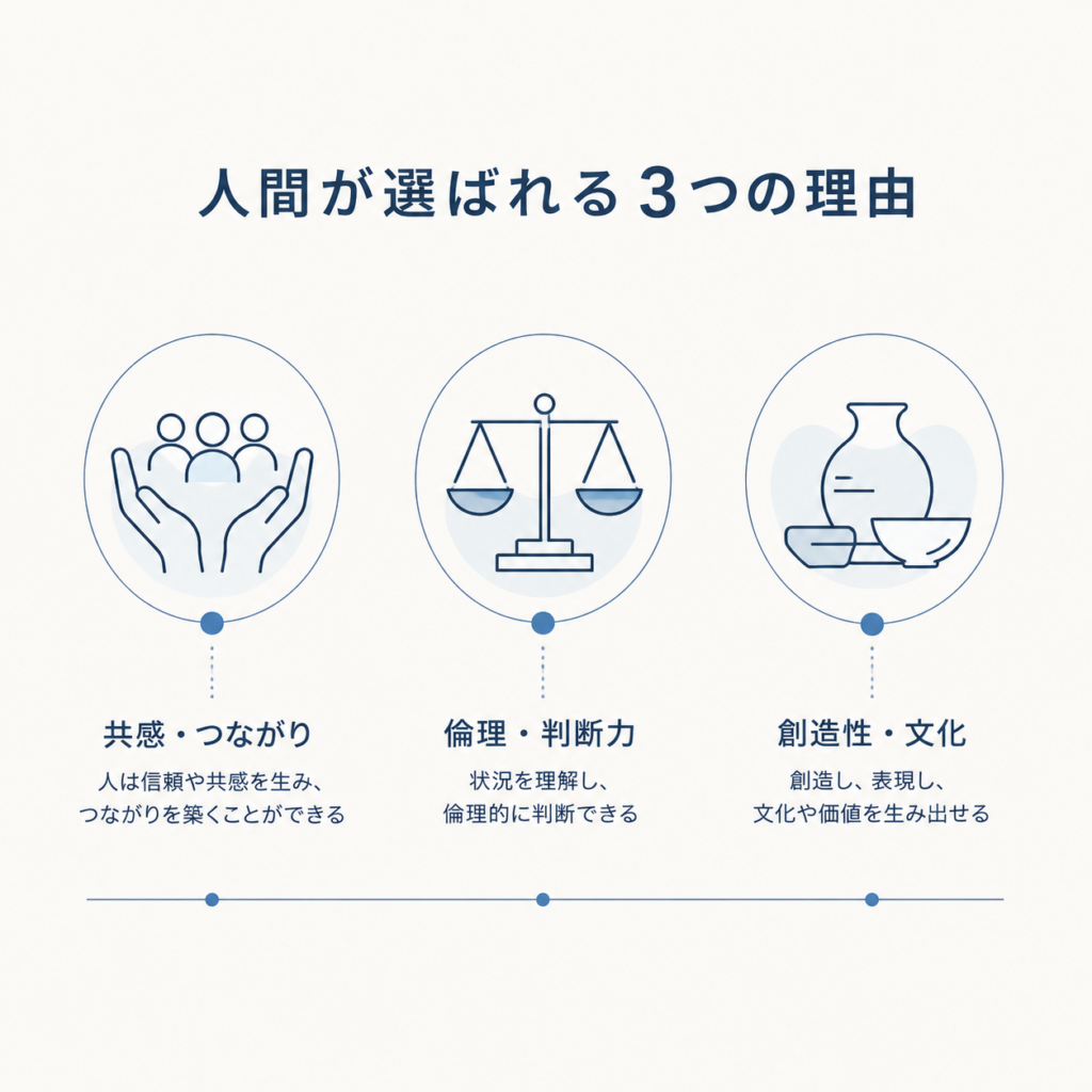 Minimal infographic with three simple thin-line icons in a row: a pair of hands (social), a balance scale (ethical), a pottery/craft symbol (cultural), muted navy and slate blue on off-white, generous spacing, flat modern style, elegant and calm, no text labels.