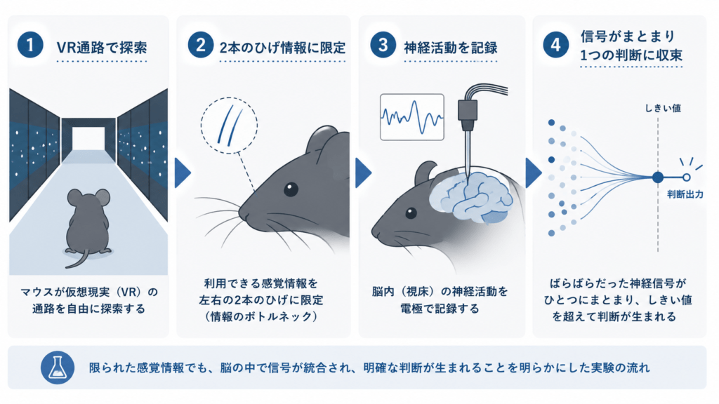 A clean 4-step horizontal process diagram of a neuroscience mouse experiment. Step 1: a mouse in a virtual-reality corridor. Step 2: only two whiskers highlighted (an 'information bottleneck'). Step 3: electrode recording brain activity. Step 4: many scattered dots collapsing into one converging line reaching a threshold. Flat minimalist vector, numbered steps, slate-blue and soft blue palette, lots of white space, minimal English labels.