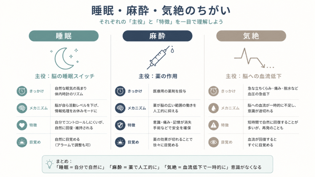 A minimal scientific comparison infographic with three vertical columns titled Sleep, Anesthesia, Fainting. Each column has one simple line icon (moon, syringe, downward pulse arrow) and a short keyword. Flat design, muted teal, navy, warm gray palette, lots of white space, thin clean lines, no photorealism, calm medical-scientific style.