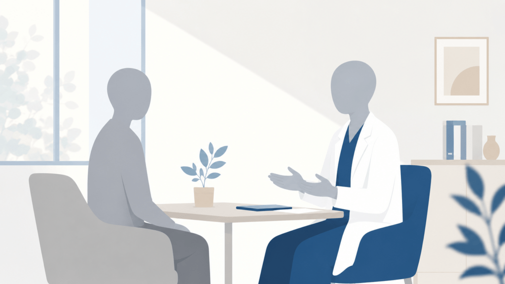 Minimal professional editorial illustration. Two abstract simplified human silhouettes seated across a small table in a calm consultation room, rendered as flat geometric shapes without facial features. Soft natural window light from the left. Palette: white, warm grey (#8A8F98), muted medical blue (#2C5F8D), single soft beige accent. Flat vector style, generous negative space, no text. Quiet, reassuring, respectful tone.