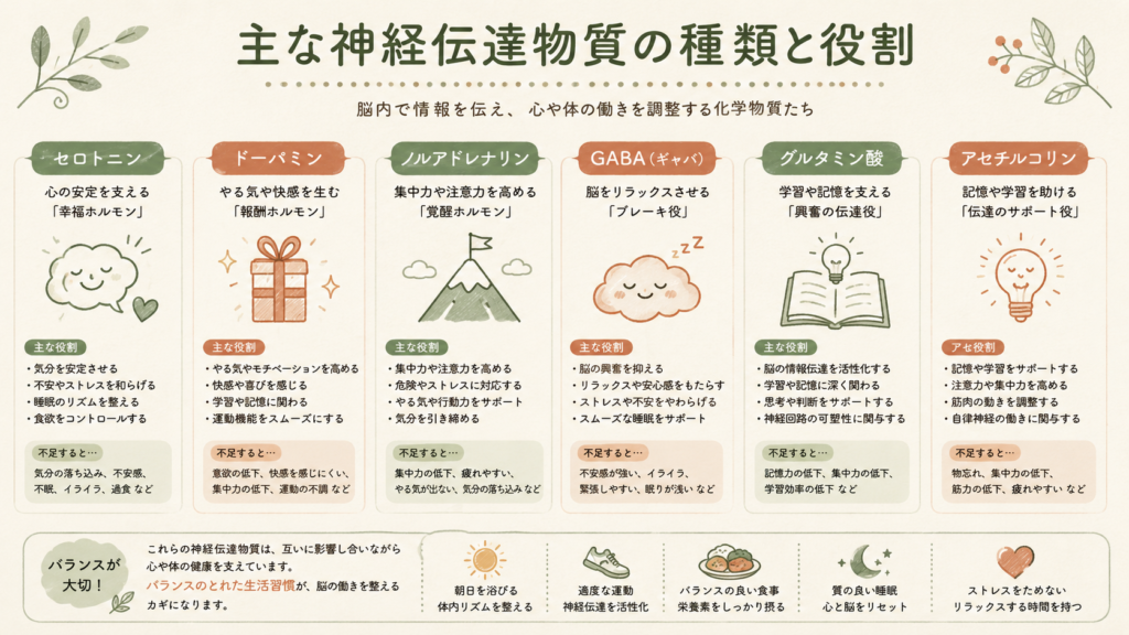 A clean infographic illustrating 6 neurotransmitters as friendly labeled icons (serotonin, dopamine, noradrenaline, GABA, glutamate, acetylcholine), each with a simple hand-drawn symbol; warm cream background, sage-green and terracotta accent colors, soft rounded shapes, natural paper texture, Japanese-minimalist friendly style, plenty of whitespace.