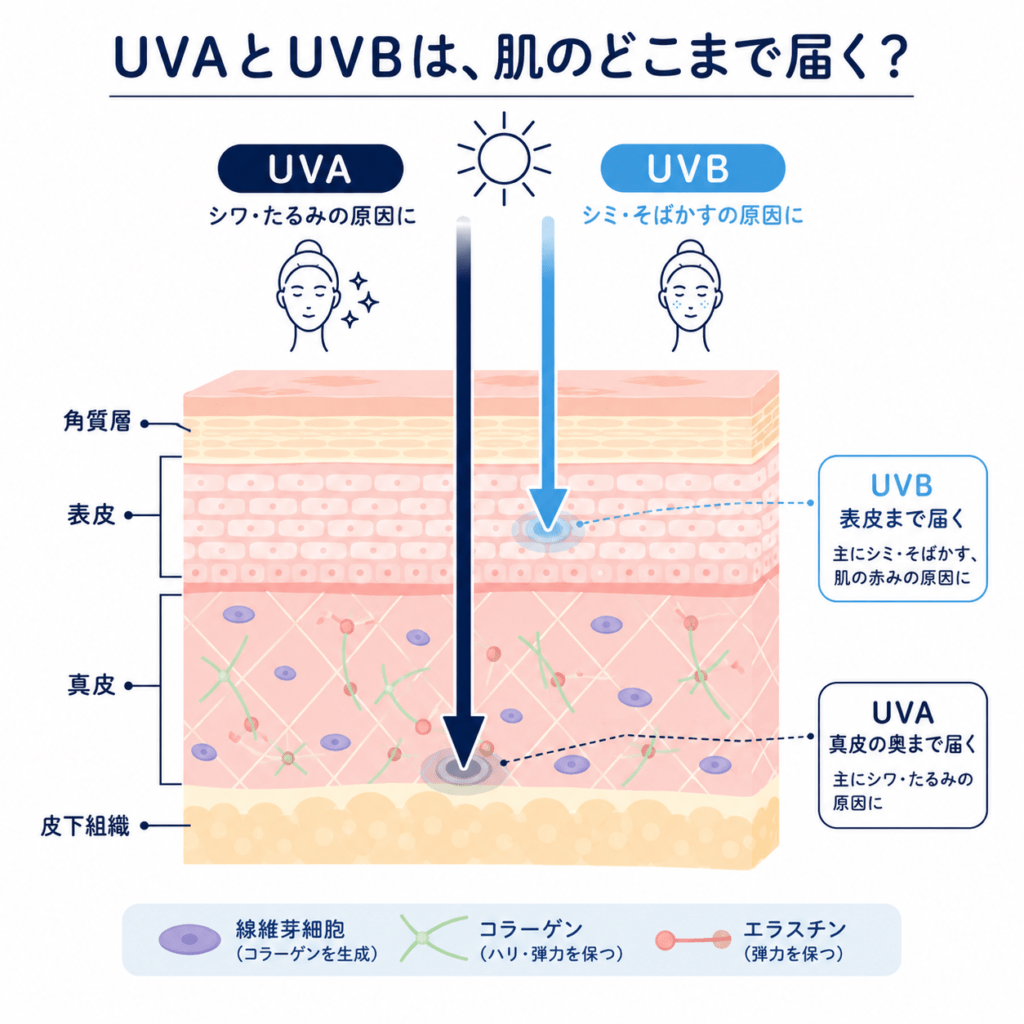 Clean infographic cross-section of human skin layers, two arrows labeled UVA and UVB penetrating to different depths, UVA reaching deep dermis, UVB stopping at epidermis, minimalist modern flat design, navy and sky-blue palette, white background, simple icons, clear and educational, no dense text.