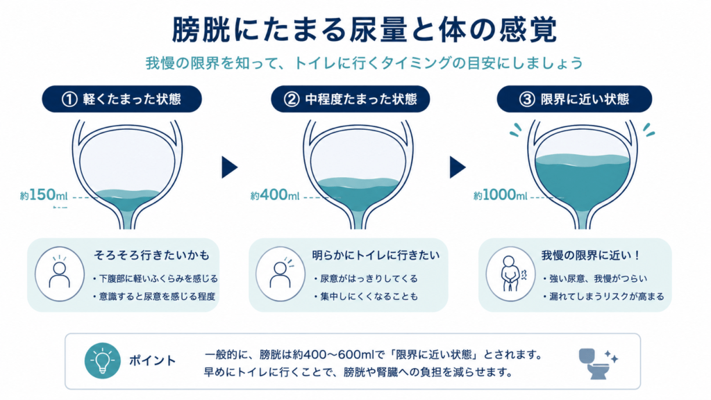 Simple infographic of a bladder filling in three stages, flat vector, navy and teal palette, labeled volume markers (150ml, 400ml, 1000ml), clean icons, lots of white space, modern medical explainer style, English labels.