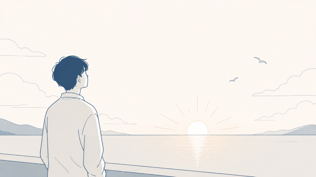 Minimal calm illustration of a single person looking thoughtfully toward a

sunrise/horizon, symbolizing hope and a fresh start, muted navy and warm soft

neutral tones, lots of negative space, thin line-art flat style, reassuring and

quiet mood, no text.