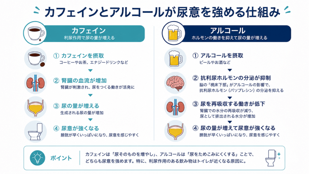 Side-by-side infographic comparing caffeine and alcohol effects on urination, two columns with icons (coffee cup, beer glass, kidney, bladder, hormone), flat vector, navy and teal accents, clean white background, English labels, modern explainer style.