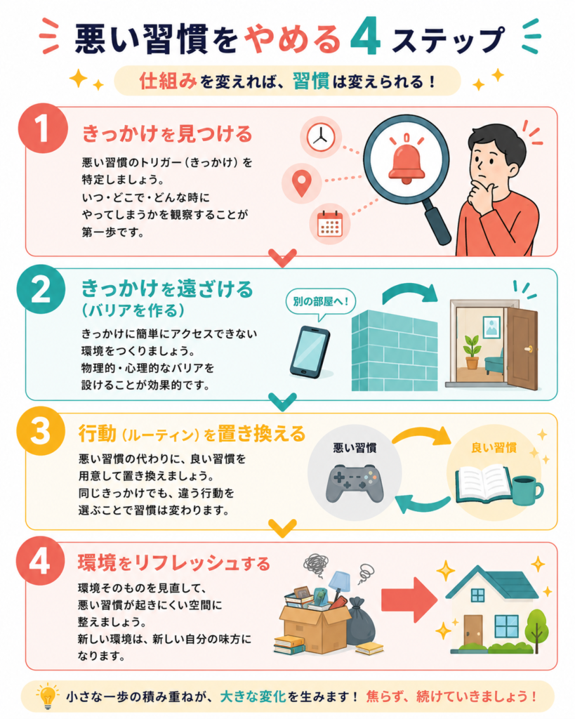 Step-by-step infographic, pop colorful flat illustration, four numbered stages arranged vertically: 1 spot the cue (magnifying glass), 2 build a barrier (small wall/phone in another room), 3 swap the routine (swap arrows), 4 refresh the environment (moving boxes/new house), coral-teal-yellow palette, friendly rounded icons, clear numbered badges, white background, modern and clean.