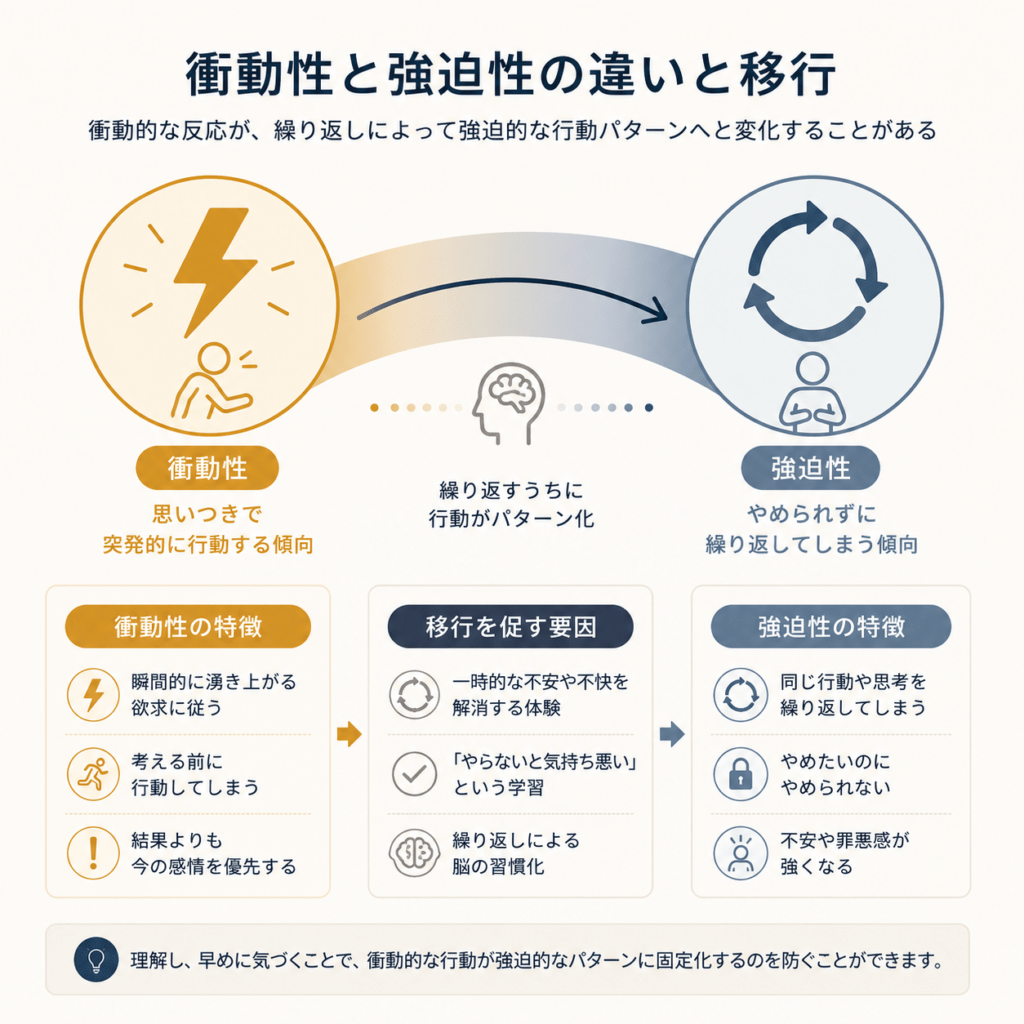Minimal infographic diagram, two labeled circles connected by a curved arrow flowing left to right. Left circle labeled with an icon of a lightning bolt representing sudden action, warm amber tone. Right circle labeled with an icon of a looping circular arrow representing repetition, cool blue-grey tone. Between them a gradient transition band. Flat vector style, thin line weights, generous white space, professional muted palette navy #1B2A41, amber #D9A441, grey #E8E6E1 on off-white background. Clean editorial infographic aesthetic, no text labels needed, symbols only.