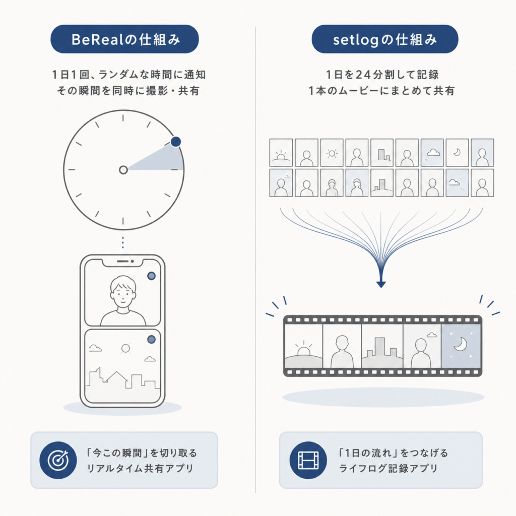 Clean minimal infographic, square 1:1, comparing two mobile app mechanics side by side in two vertical columns divided by a thin hairline. Left column: a single clock face with one highlighted moment and a dual-camera phone icon. Right column: a row of 24 tiny film-frame squares merging into one single film strip. Off-white background (#FAFAF8), grey line icons, one accent color muted deep blue (#2B4C7E), thin 2px strokes, lots of white space, flat vector, no text, no letters, no numbers.