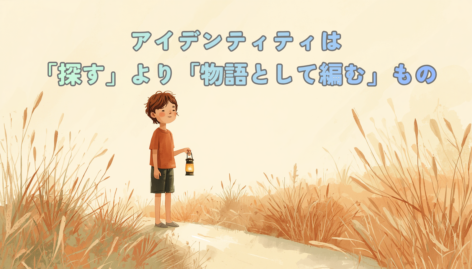 A warm, natural illustration of a young person standing at a soft forked path in gentle morning light, holding a small lantern, calm and hopeful expression. Hand-drawn feel, warm earthy palette (terracotta, cream, sage green), soft watercolor textures, plenty of negative space, cozy and reassuring mood.