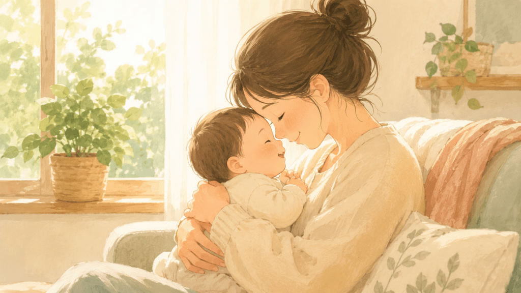 A gentle, reassuring illustration of a parent holding a baby close, foreheads almost touching, both relaxed and smiling softly, sitting by a sunny window with a plant. Warm natural palette (cream, soft green, warm light), cozy and safe atmosphere, hand-drawn soft-edge style. No text.