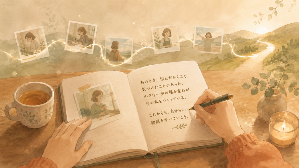 A warm, gentle illustration of hands writing a personal story in an open

notebook, with soft threads of light weaving past memories into a hopeful path

ahead. Hand-drawn watercolor style, terracotta, cream and sage palette, calm and

intimate atmosphere, soft glow, plenty of breathing space.