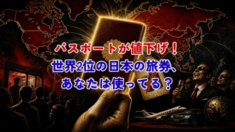 A dramatic high-contrast editorial illustration of a Japanese passport glowing like a golden ticket, price tag with a big red slash showing a discount, world map with bold border lines in the background, cinematic lighting, slightly satirical/cynical tone, deep crimson and charcoal color palette, magazine cover style. No text.