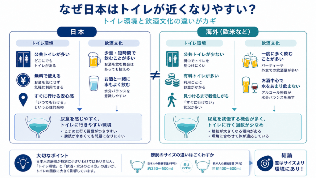 Side-by-side infographic comparing Japan and overseas toilet culture, two panels with simple icons (public toilet sign, coin for paid toilet, beer glass, bladder), a small note that bladder size difference is minor, navy and teal palette, clean flat modern explainer style, plenty of white space, English short labels.