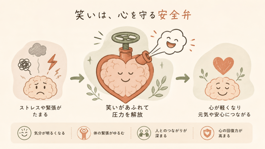Simple warm infographic showing laughter as a pressure-release valve

for the mind: a stylized heart or brain letting out a small gentle puff

of laughter, hand-drawn line-art icons, soft beige background with sage

green and terracotta accents, Japanese-minimal editorial style, generous

white space, no text.