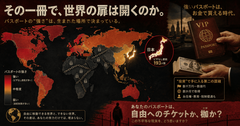 A world map where countries are shaded by passport power, Japan glowing strong, some regions dark and locked with chain icons, a golden VIP passport being bought with cash on the side (satirical), crimson-to-charcoal gradient, provocative editorial infographic style. Minimal labels.