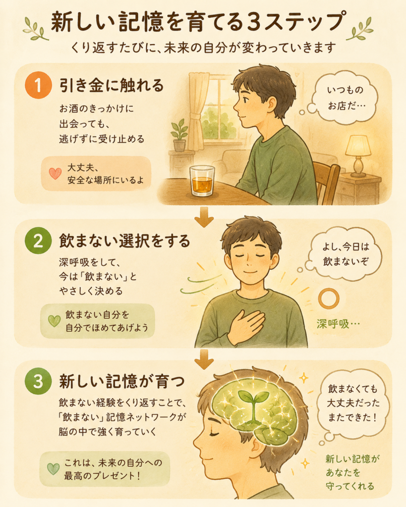 A gentle vertical 3-step illustration: (1) a person calmly facing a cue

(a glass) in a safe room, (2) the person breathing and not drinking,

(3) a small green memory sprout growing in the brain. Warm hand-drawn

style, natural earthy colors, calm and encouraging mood.