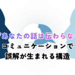 Flat modern minimal illustration, two business people facing each other with speech bubbles between them; the speech bubble transforms shape midway (circle becoming a distorted polygon) to show a message changing in transit. Navy blue (#1F3A5F), light blue (#7FB3D5), white background, soft geometric shapes, clean vector style, no text.