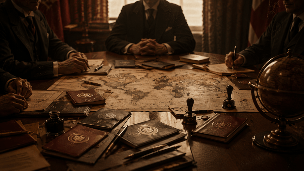 A moody vintage scene of a 1920s international conference table with old passport booklets, wax seals, fountain pens and a world map, sepia-meets-crimson tone, cinematic and slightly ironic mood, dramatic side lighting, film-grain texture. No modern elements, no text.