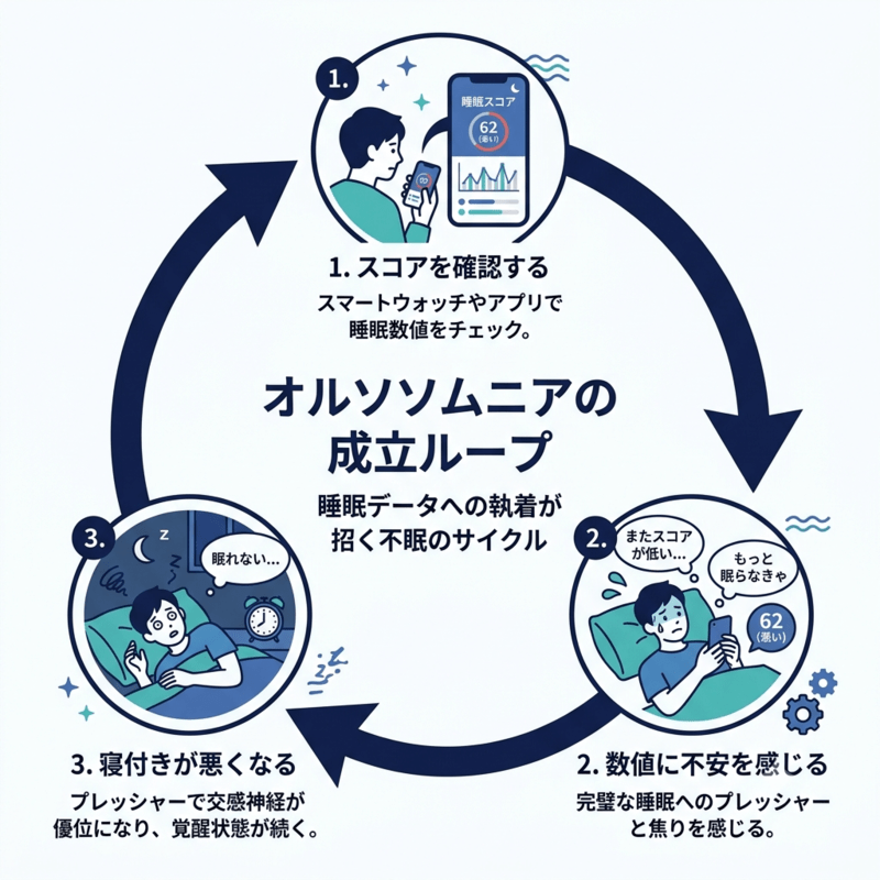 A clean circular loop infographic with 3 nodes: 'Check sleep score' →

'Feel anxious about the number' → 'Harder to fall asleep' → back to start.

Minimal flat icons, navy + blue + teal accent, plenty of white space,

modern editorial infographic style, square format.