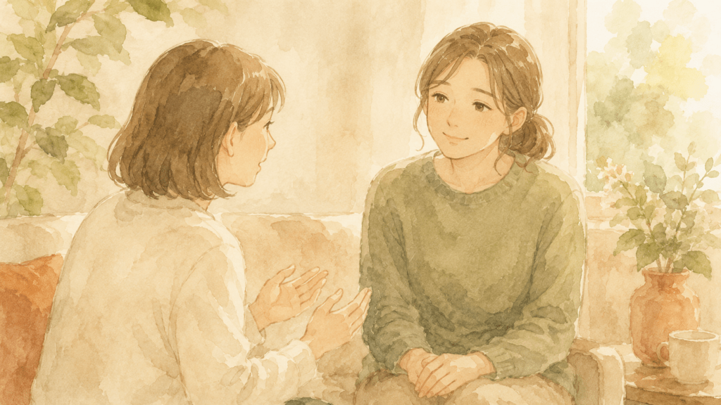Warm watercolor scene of two people talking gently and understanding

each other, one giving a reassuring nod, soft natural light, beige sage

and terracotta palette, cozy empathetic editorial mood, hand-drawn, no text.