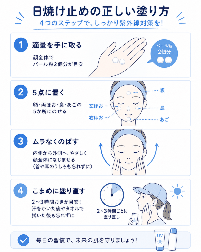 Step-by-step infographic showing how to apply sunscreen correctly, four numbered steps, dots of cream on forehead cheeks nose chin, a clock icon for reapplying every 2-3 hours, minimalist modern flat illustration, navy and sky-blue palette, clean white background, friendly and clear, minimal text.