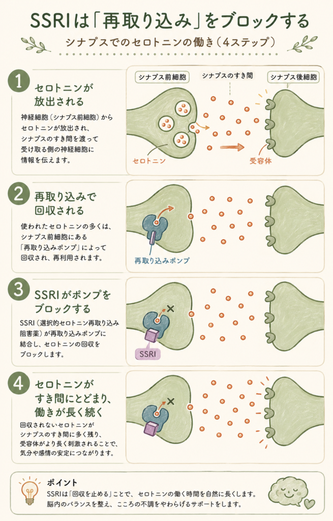 A friendly 4-step diagram of how SSRIs work at a synapse: neuron releases serotonin, reuptake pump normally recycles it, SSRI blocks the pump, serotonin stays longer in the gap; simple rounded illustration, sage-green neurons, terracotta serotonin dots, cream background, soft hand-drawn style, clear numbered steps, warm and approachable, minimal Japanese labels.