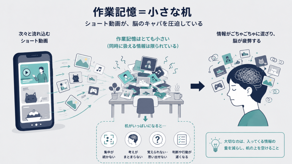 Minimal modern infographic, a small desk representing limited working memory, overflowing with stacks of mismatched cards flying in from a smartphone screen on the left. Clean flat vector style, muted navy and soft grey background, single teal accent color, thin line icons, generous white space, no text labels, editorial infographic aesthetic.
