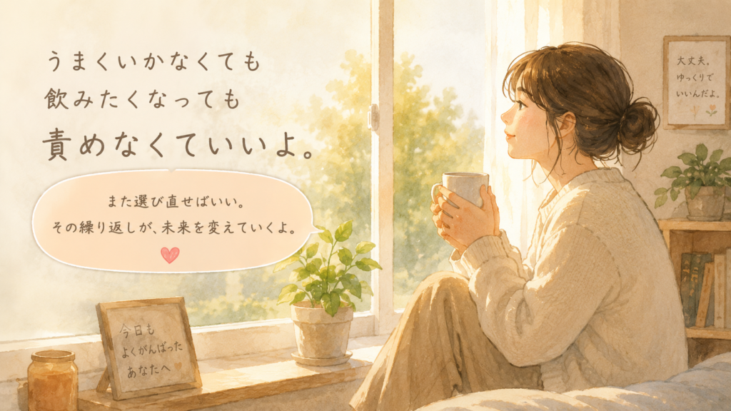 A warm, quiet scene of a person sitting by a window with a cup of tea,

soft morning light, a small green plant growing on the sill. Calm,

gentle, hopeful atmosphere. Natural warm palette, hand-drawn texture.