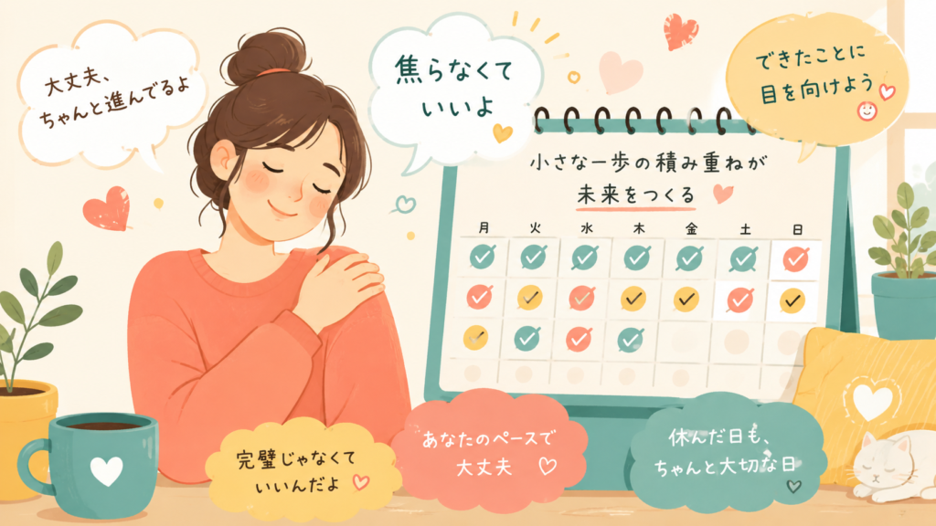 Warm pop flat illustration, a relaxed person gently patting their own shoulder / calendar in the

background showing progress with checkmarks, encouraging and kind mood, coral-teal-yellow palette,

soft rounded shapes, light airy background, no text, uplifting and friendly.