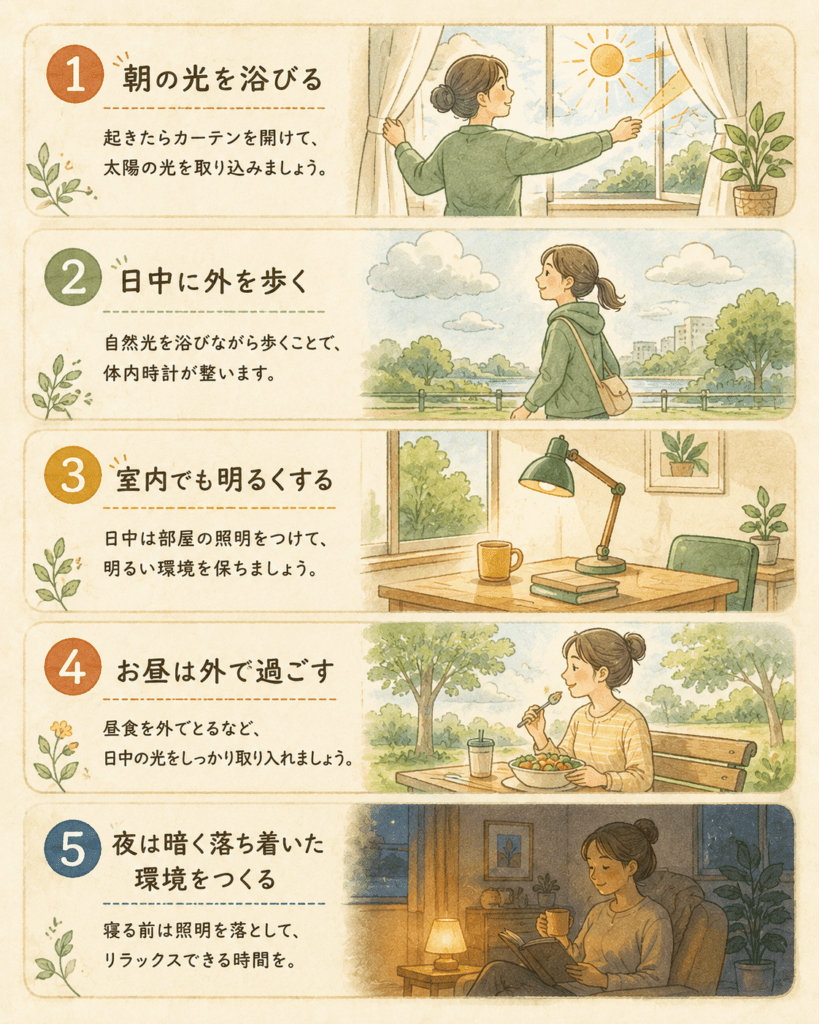 A warm hand-drawn step-by-step illustration on cream textured paper, showing five simple numbered scenes stacked vertically: a person opening curtains at sunrise, a person walking outdoors under a cloudy sky, a desk lamp beside a window, a person eating lunch outside on a bench, and a dim cozy room at night with a warm low lamp. Muted natural palette of terracotta, sage green, mustard, dusty blue and cream. Soft line art with gentle watercolor washes, friendly and calm, no text. 4:5 vertical format.