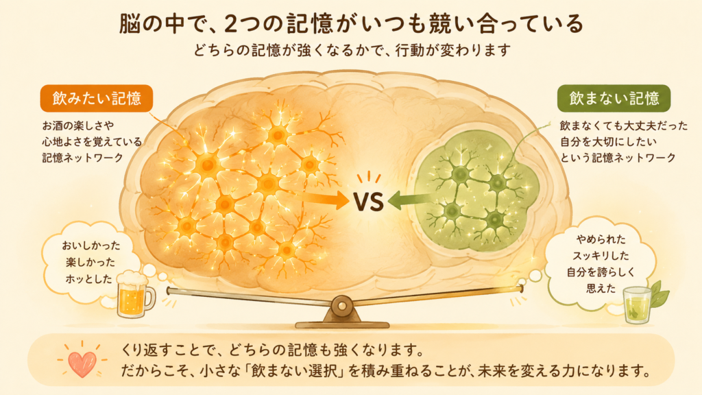 Two soft glowing clusters of neurons side by side inside a stylized brain — one amber ("drink" memory) spread wide, one green ("no-drink" memory) gathered in a small chamber — gently pushing against each other like a balance scale. Warm, natural, hopeful tone, cream background.
