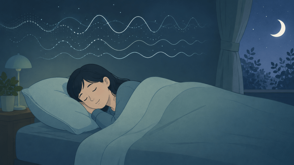 A serene minimal illustration of a sleeping person under a soft blanket at night, with gentle wave patterns above the head suggesting brain activity cycles. Soft muted teal and navy palette, calm and cozy, flat scientific-illustration style, plenty of negative space, no text.