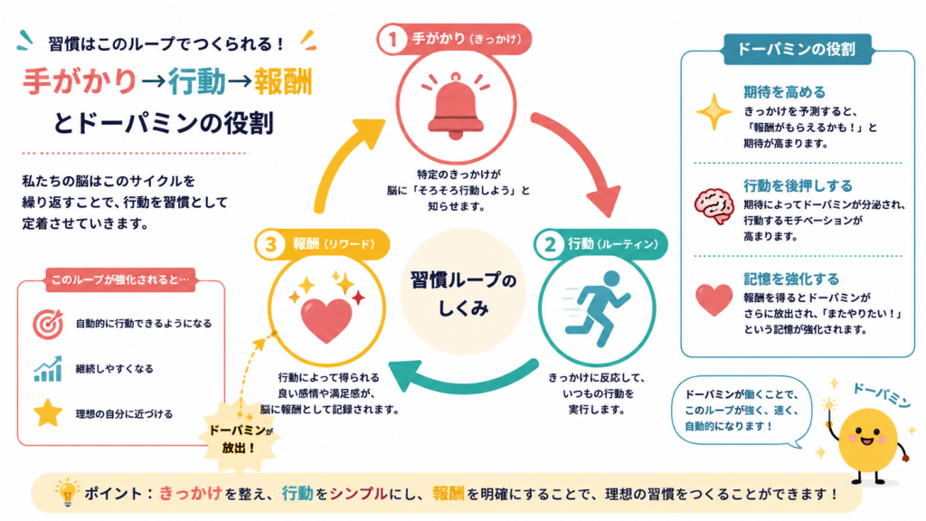 Infographic diagram, pop and colorful flat design, a circular loop with three labeled icons: Cue (bell), Routine (running figure), Reward (sparkle/heart), arrows connecting them clockwise, a small dopamine spark highlighting the reward step, coral, teal, yellow palette, clean bold labels in Japanese-friendly layout, white background, modern and easy to read.