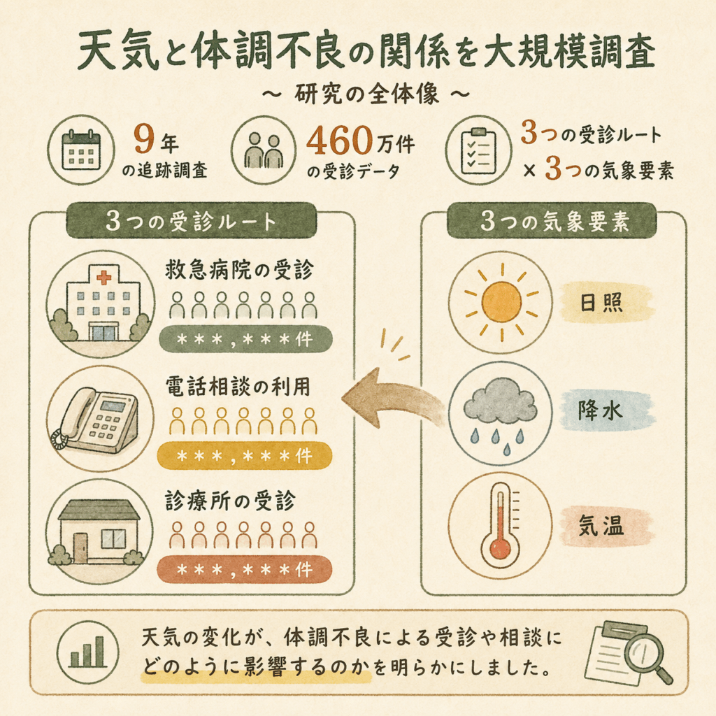 A clean hand-drawn style infographic on a warm cream background, illustrating a research overview. Left side: three simple line-art icons representing an emergency hospital, a telephone helpline, and a doctor's clinic, each with a placeholder number bar. Right side: three small weather icons - a sun, a cloud with raindrops, and a thermometer. A soft arrow connects the weather icons to the health icons. Natural warm palette of terracotta, sage green, mustard and cream. Soft textured paper feel, friendly and approachable, minimal, no text labels. Square format.