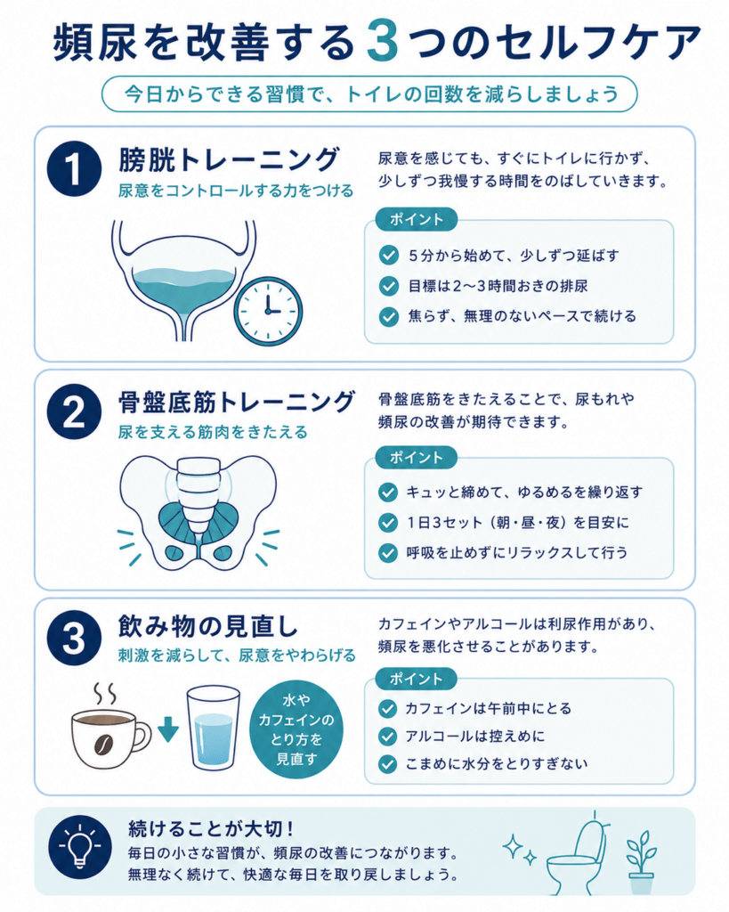 Vertical infographic of three self-care steps for frequent urination: bladder training, pelvic floor exercise, drink review, numbered cards with simple icons, navy and teal palette, clean flat design, English labels, mobile-friendly.