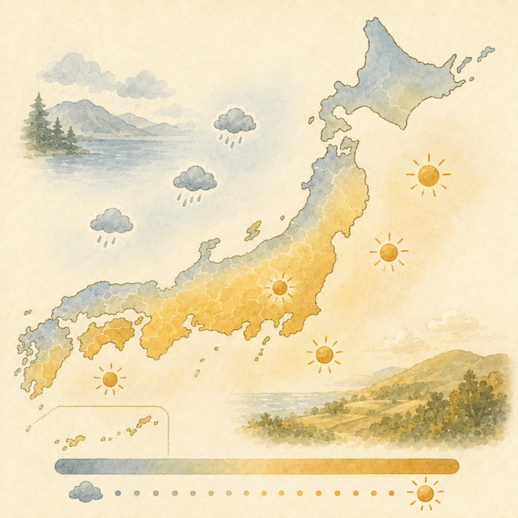 A warm, hand-illustrated stylized map of Japan on cream textured paper, with regions shaded in a soft gradient from pale grey-blue (fewer sunshine hours, northern and Japan Sea side) to warm golden ochre (more sunshine hours, inland and Pacific side). Simple small sun icons scattered over the golden areas and small cloud icons over the grey-blue areas. Muted natural palette, gentle watercolor texture, editorial illustration style, no text labels. Square format.