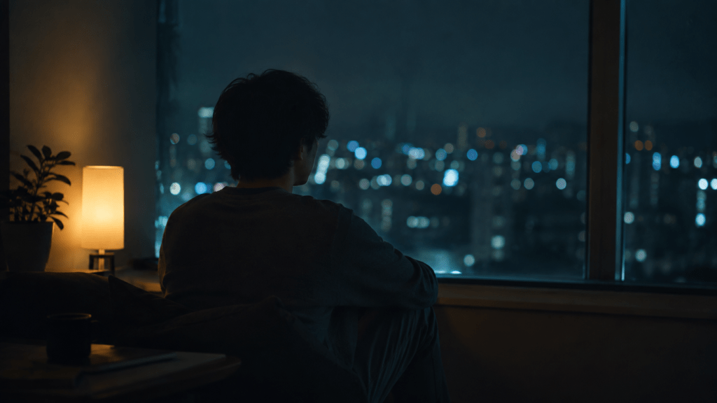 Moody dark photographic image. A person seated by a window at night, seen from behind in soft silhouette, city lights blurred far outside. Deep charcoal and midnight navy tones dominate, a single warm amber (#E0A458) lamp glow on one side of the frame, faint teal (#3FA9A0) cool light from the window. Shallow depth of field, quiet and calm rather than sad, cinematic low-key lighting, subtle film grain, no text, 16:9.