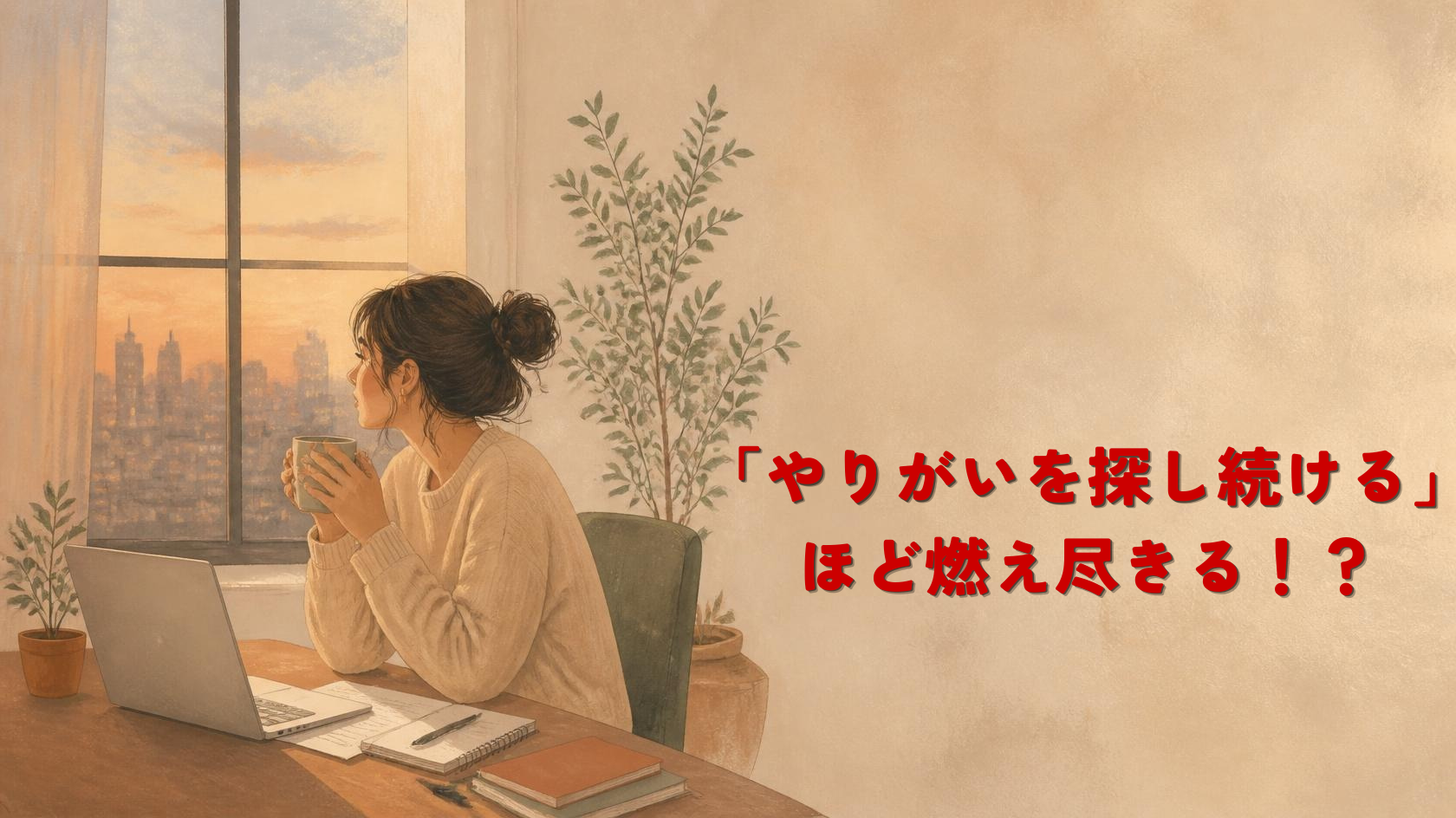 A soft, warm editorial illustration of a tired office worker sitting alone by a large window at dusk, holding a mug, looking out with a quiet, searching expression. Natural muted color palette of warm beige, soft terracotta, sage green, and cream. Gentle diffused light, subtle grain texture, hand-drawn flat illustration style with soft edges. Calm and compassionate mood, not dramatic or dark. Generous negative space on the right side for text overlay. No text in the image.
