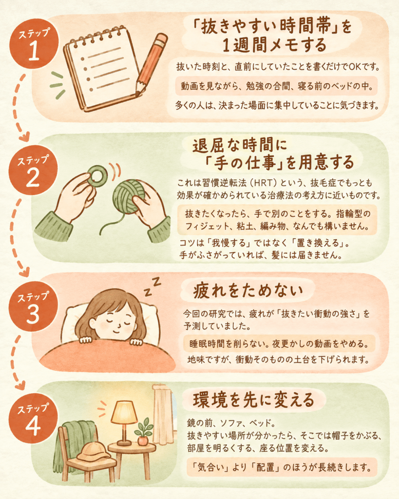 Vertical four-step hand-drawn illustration flow on cream paper: 1) a small notebook with a pencil,
2) hands holding a fidget ring and yarn, 3) a person sleeping peacefully under a blanket,
4) a cozy room with a hat on a chair and a lamp. Connected by a soft curved dotted line with
numbered circles. Warm watercolor texture, terracotta, sage green, cream and muted brown palette,
rounded friendly shapes, no text. Gentle editorial illustration, 4:5.