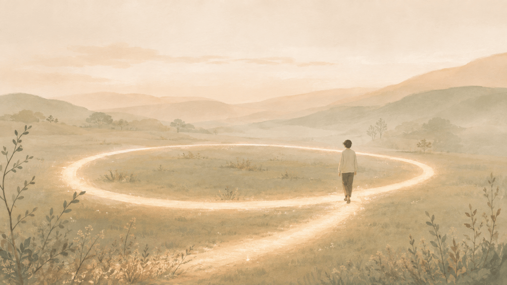 A gentle conceptual illustration of a person walking along a softly glowing circular path in an open, misty landscape, with the path looping back on itself. Warm muted palette: dusty beige, sage green, soft peach, cream mist. Hand-drawn textured illustration style with soft brush edges, calm and contemplative mood, not despairing. Wide open composition with lots of breathing room. No text.