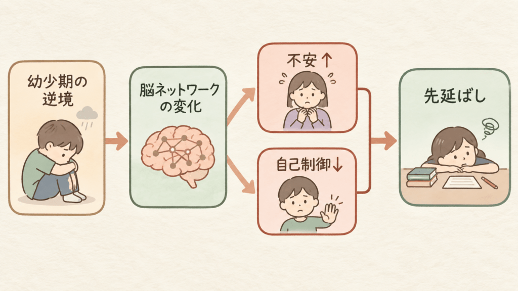 Warm editorial path diagram flowing left to right in four stages connected by soft tapering arrows, with the middle stage branching into two parallel boxes that merge again. Hand-drawn rounded rectangles on cream textured paper, small line icons inside each box, muted palette of warm beige, sage green, dusty terracotta, soft charcoal. Flat illustration style, no readable text, calm and clear, generous white space.