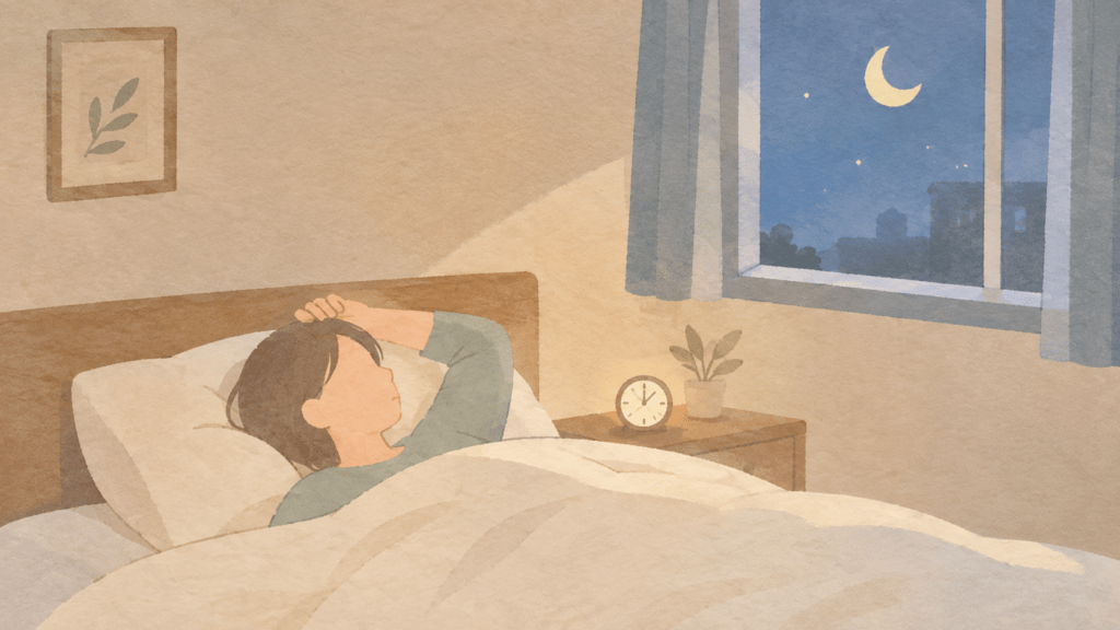 A person lying awake in bed at night seen from a respectful distance, one arm resting above the head, soft blue moonlight through a window, a small clock glowing faintly on the nightstand. Quiet and gentle rather than distressing, face undetailed. Warm natural editorial illustration. Palette: warm cream #F7F1E8, soft terracotta #C97B5A, sage green #8AA08A, muted clay brown #8C6B58, pale morning gold. Soft diffused daylight, gentle organic shapes, hand-drawn feel with subtle paper grain, generous white space, no text, calm and hopeful mood, high resolution.