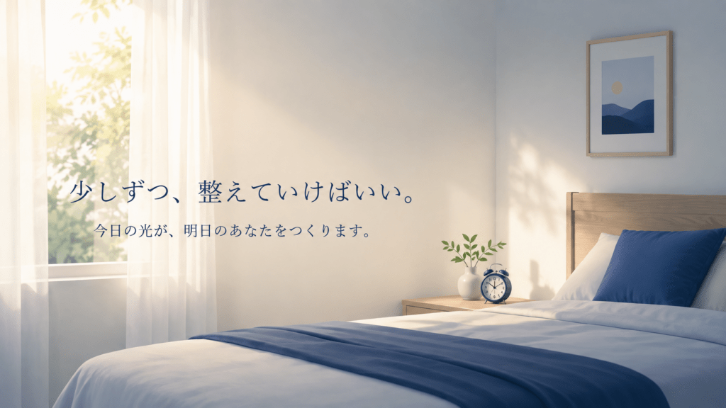 Calm minimal editorial photograph-style illustration: an empty bedroom at dawn, soft morning light entering through a half-open curtain, neatly made bed, a single small alarm clock on the nightstand. No people, no faces. Muted desaturated palette of navy #1F3864, soft blue #4472C4, warm cream, gentle light gradient. Flat minimal vector illustration, lots of negative space, professional and reassuring mood, 16:9.