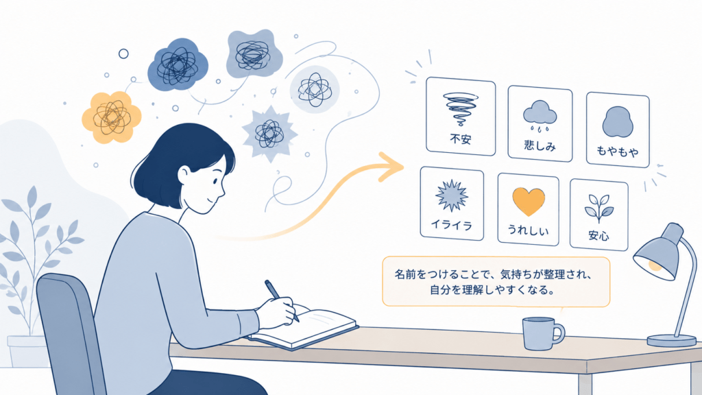 Soft minimal illustration of a person seated at a desk in profile, calmly writing in a notebook, while several small abstract shapes (representing tangled feelings) float above and resolve into neat labeled cards. Flat vector, thin lines, navy (#1F4E79) and pale blue with a single warm amber highlight, plenty of white space, no readable text. Calm, reflective, modern editorial mood. 16:9.