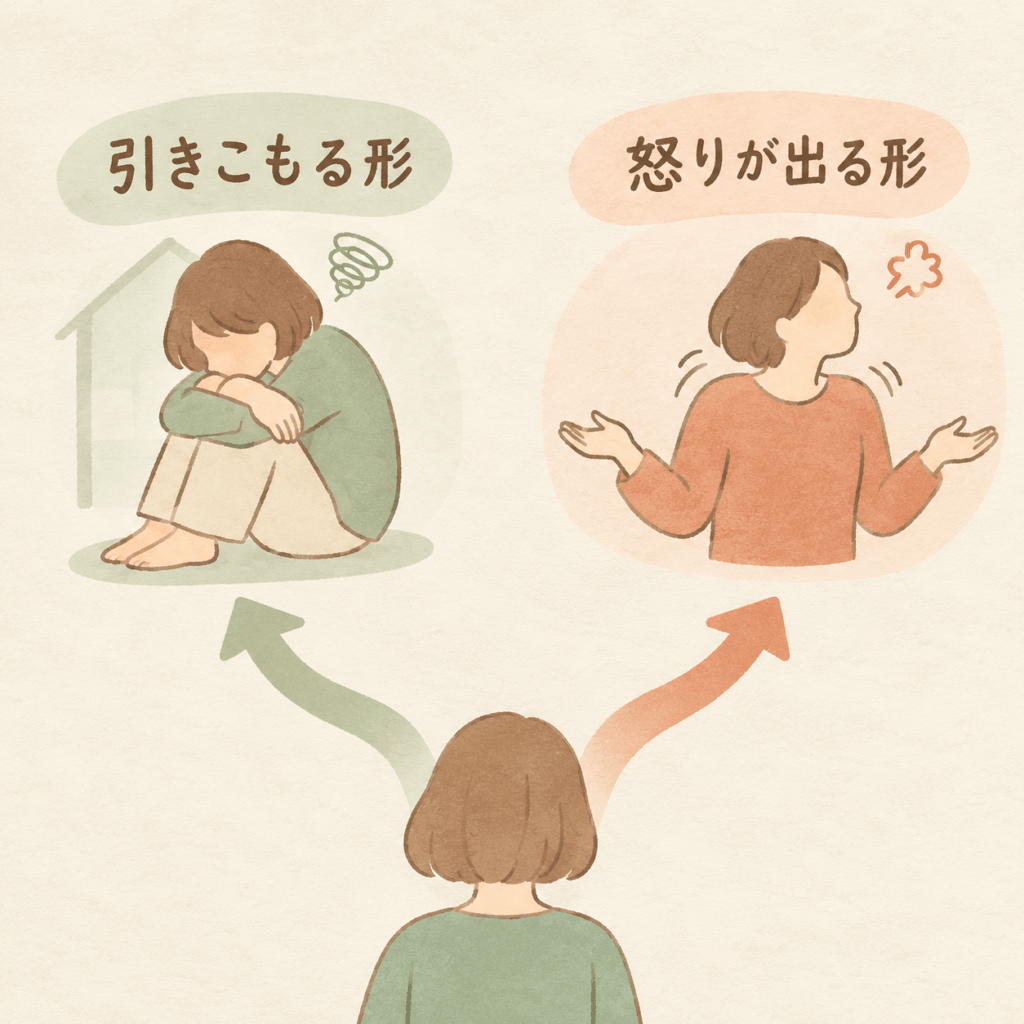 A simple diagram: one starting point at the bottom from which two soft curved paths diverge - the left path leads to a small figure turning away and folding inward, the right path leads to a small figure with raised shoulders and an outward gesture. Balanced, non-judgmental, flat illustration, no text. Warm natural editorial illustration. Palette: warm cream #F7F1E8, soft terracotta #C97B5A, sage green #8AA08A, muted clay brown #8C6B58. Soft diffused daylight, gentle organic shapes, hand-drawn feel with subtle paper grain, generous white space, no text, calm reassuring mood, never menacing or aggressive imagery, faces kept soft and undetailed, high resolution.