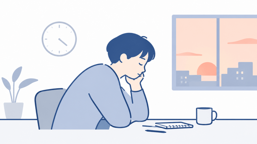 Minimal modern flat illustration, a person sitting at a desk in profile with slightly slumped posture, a faded clock and a window with evening light nearby. Soft muted palette of light grey, soft navy blue and pale warm coral. Flat vector, generous white space, thin clean lines, no text, quiet contemplative mood, wide horizontal composition.