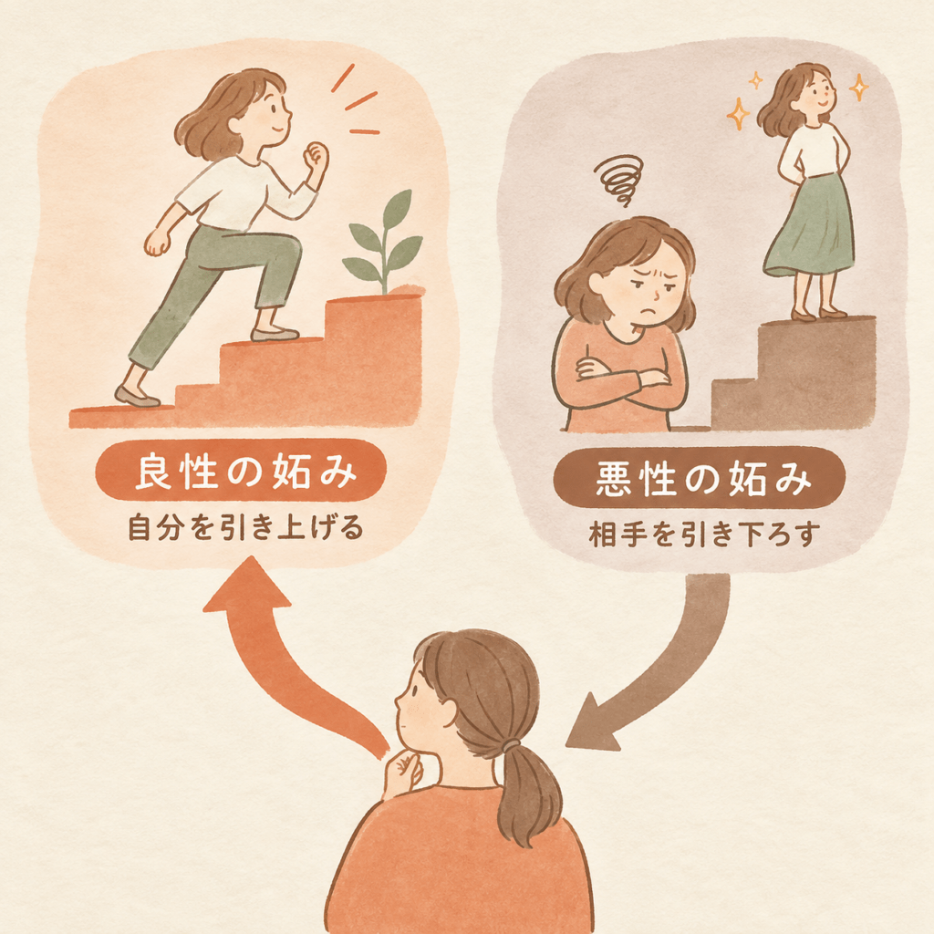 A simple diagram: one starting point at the bottom center from which two arrows diverge - the left arrow curves upward toward a small rising figure, the right arrow curves downward pulling a figure down. Symmetrical, flat illustration, no text. Warm natural editorial illustration. Palette: warm cream #F7F1E8, terracotta #C97B5A, sage green #8AA08A, soft clay brown #8C6B58. Soft diffused daylight, gentle organic shapes, hand-drawn feel with subtle paper grain, generous white space, no text, calm and encouraging mood, high resolution.