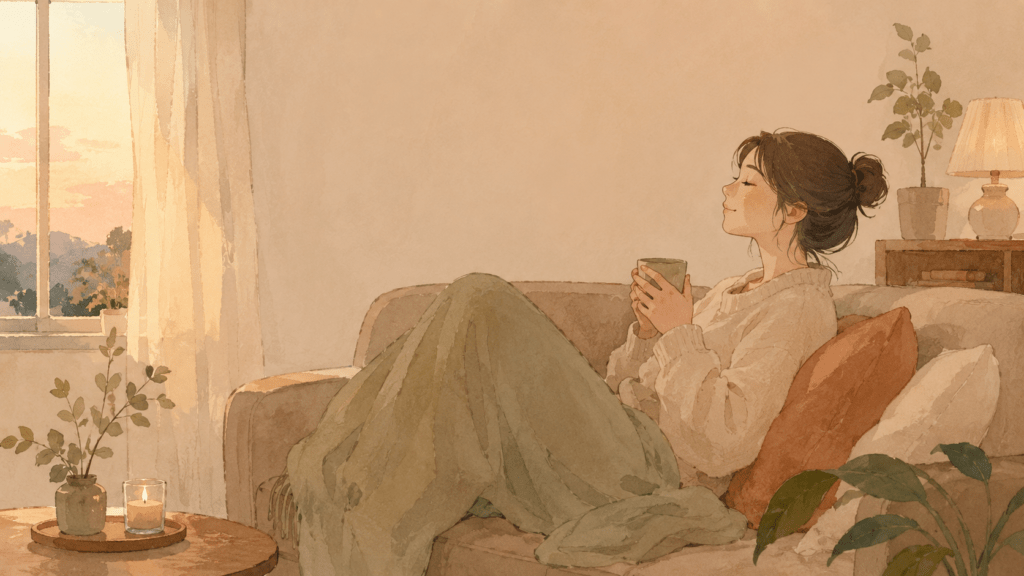 A quiet, warm illustration of a person resting on a sofa at home with a cup of tea, shoulders relaxed, soft evening light through a window, a plant nearby. Natural earthy palette of cream, warm beige, muted sage and soft terracotta. Hand-drawn texture, gentle rounded forms, calm and comforting mood, no text. Wide composition with soft empty space.