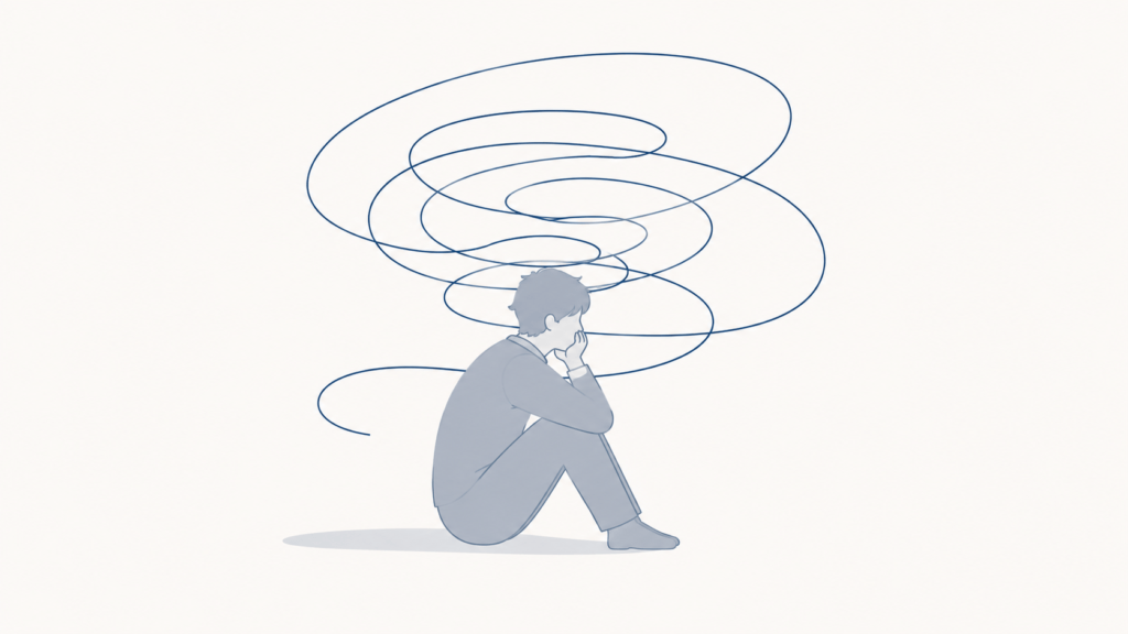 Quiet minimal editorial illustration. A single seated figure in simple flat vector style, viewed from the side, with a thin continuous line spiraling in a closed loop above and around the head. Off-white background (#FAFAF8), figure in muted grey (#8D99AE), the spiral line in soft slate blue (#3D5A80). Large amounts of empty space, calm and non-dramatic mood, thin 1.5px line weight, no text, professional minimal psychology editorial style.