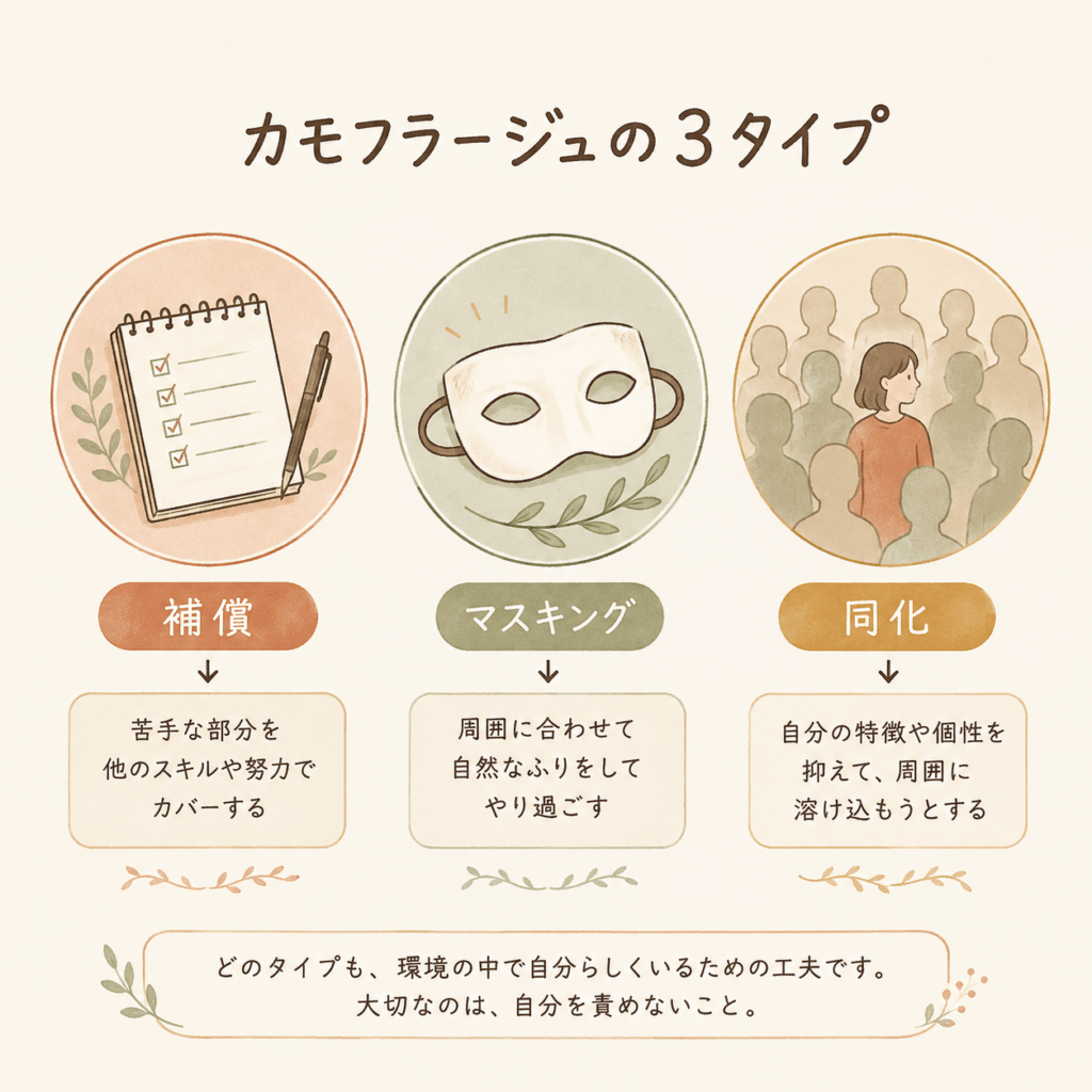 A clean hand-drawn infographic showing three circular icons in a row, representing three coping styles: a small script or notebook, a paper mask, and a figure blending into a crowd silhouette. Warm natural color palette of beige, terracotta, sage green and cream on a soft off-white background. Soft rounded shapes, gentle line work, generous white space, calm educational style. No text in image.